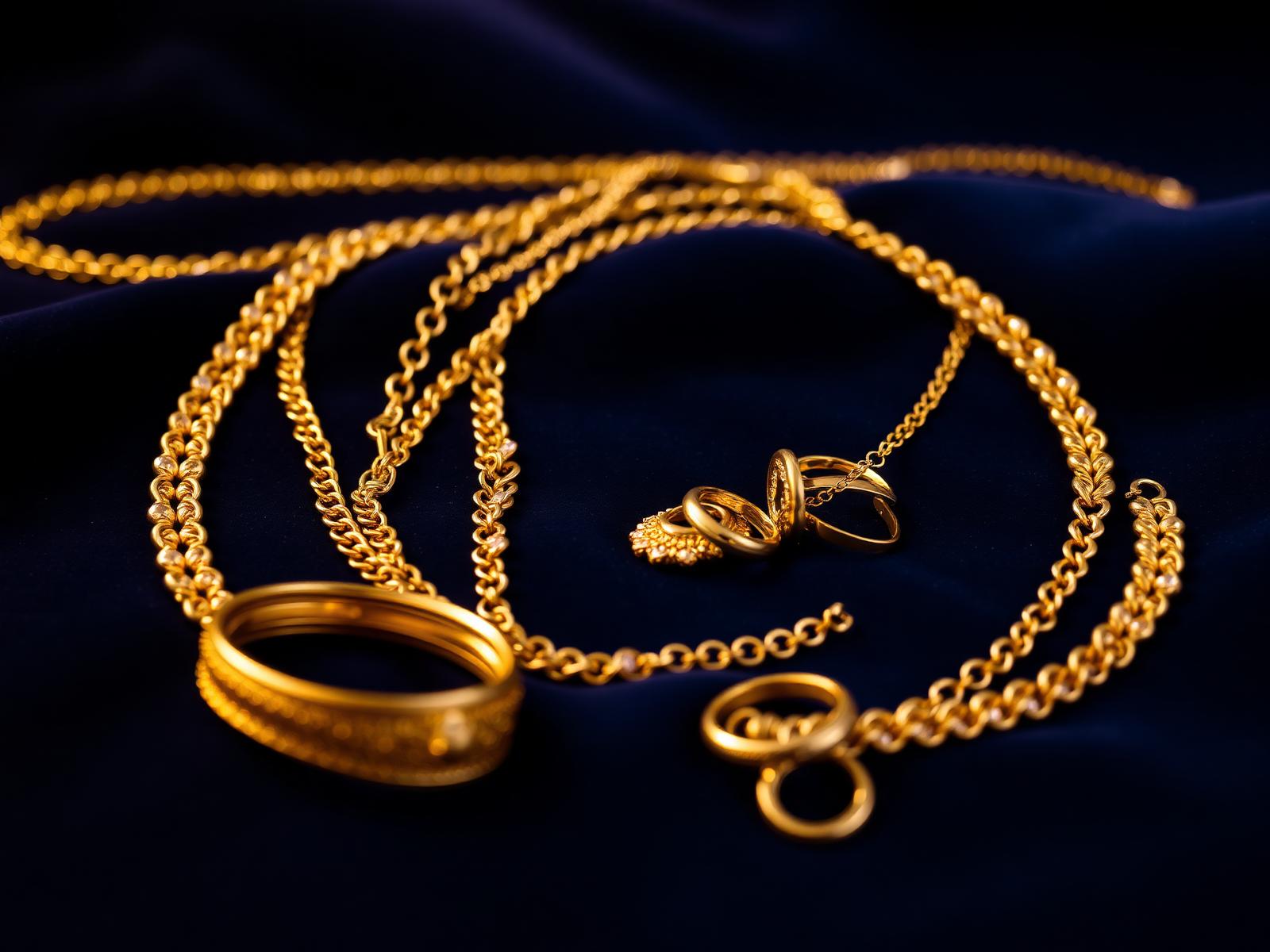 Luxury gold jewelry on navy velvet